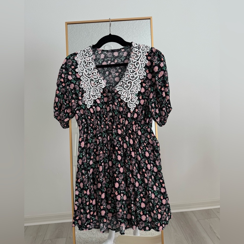 Zara Black and Pink Floral Dress with Lace Collar